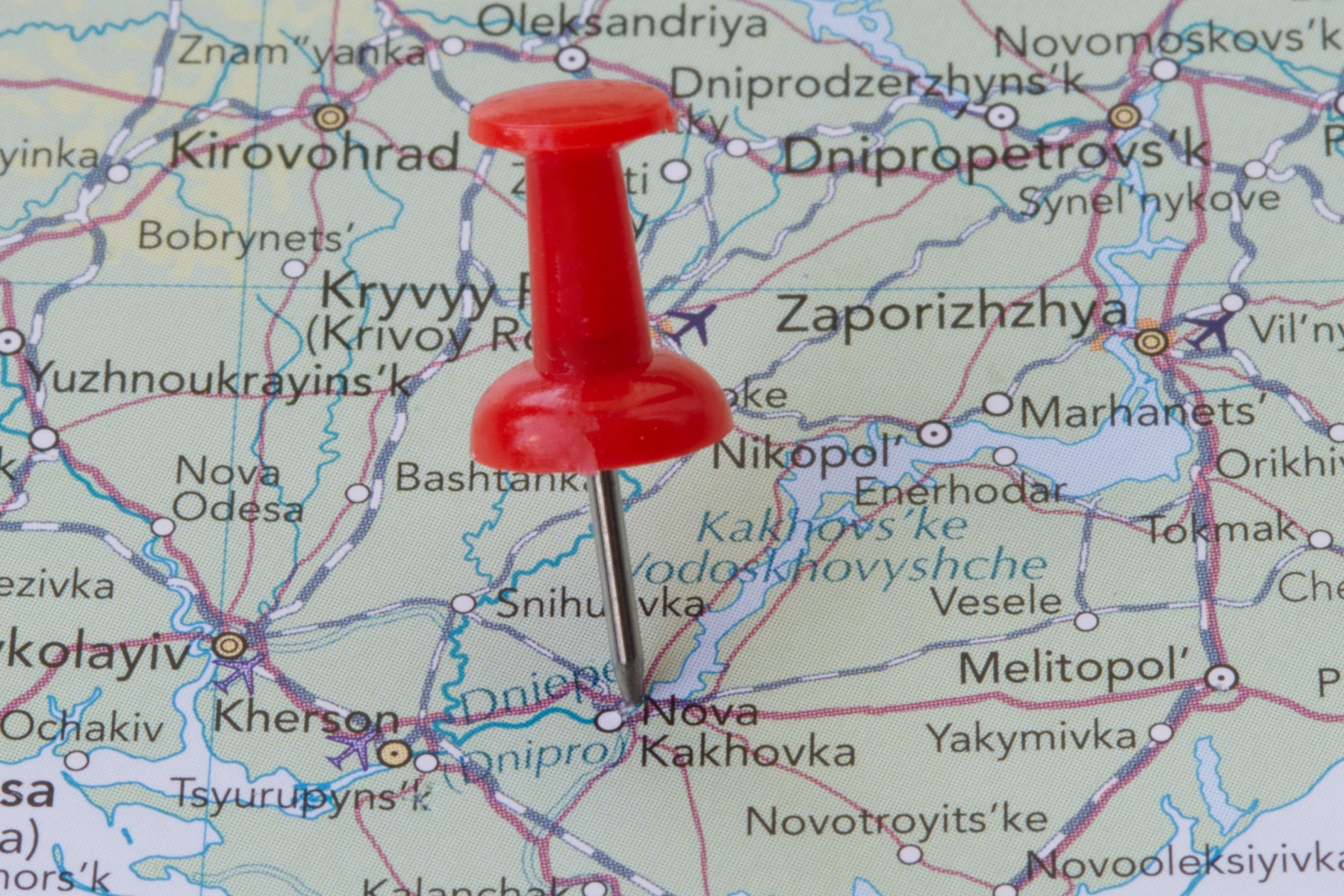 Ukraine map with the red pin showing Nova Kakhovka